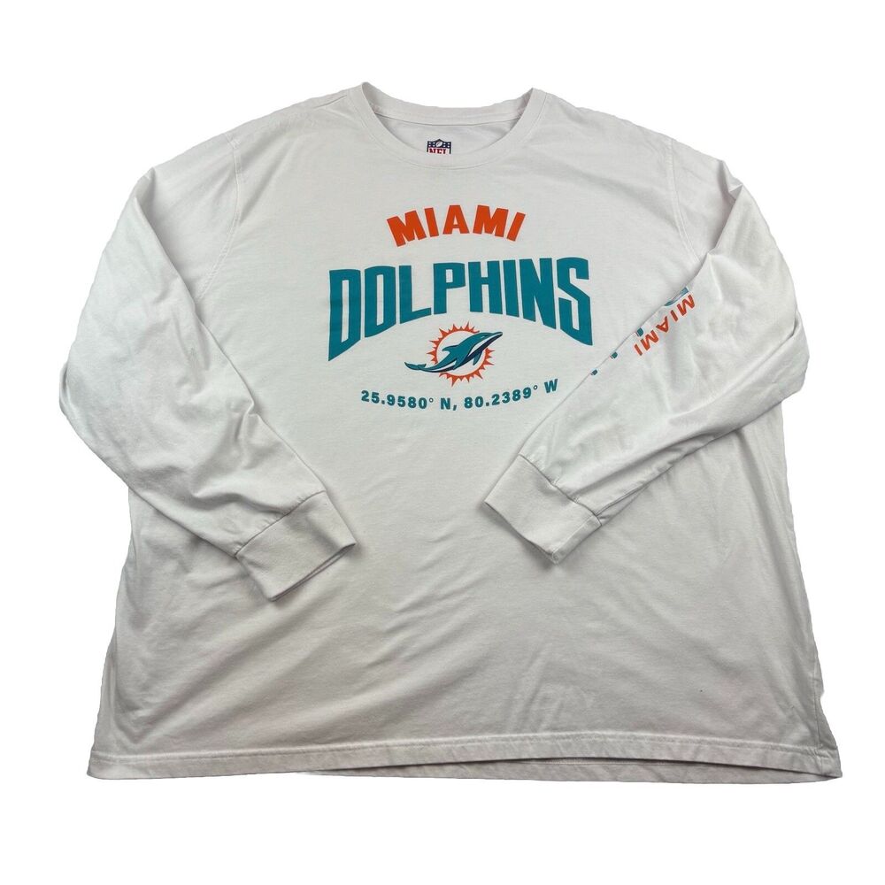 Miami Dolphins Longitude Latitude Long Sleeve T Shirt Mens 4XL White